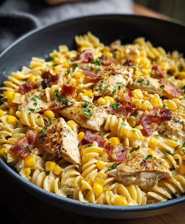 Creamy Chicken and Corn Pasta with Beef Beef Bacon