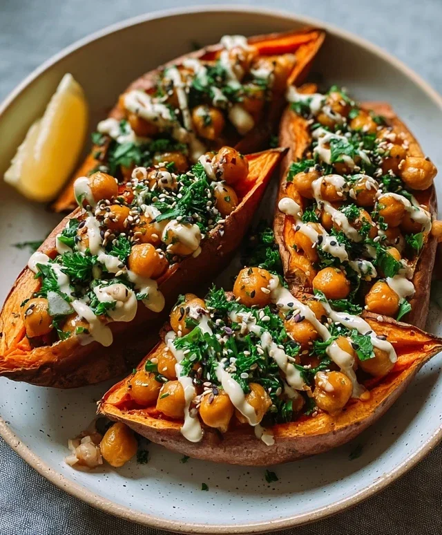 Sweet Potatoes with Tahini Butter Chickpeas