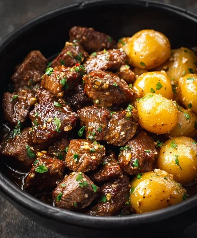Slow Cooker Garlic Butter Beef Bites with Potatoes