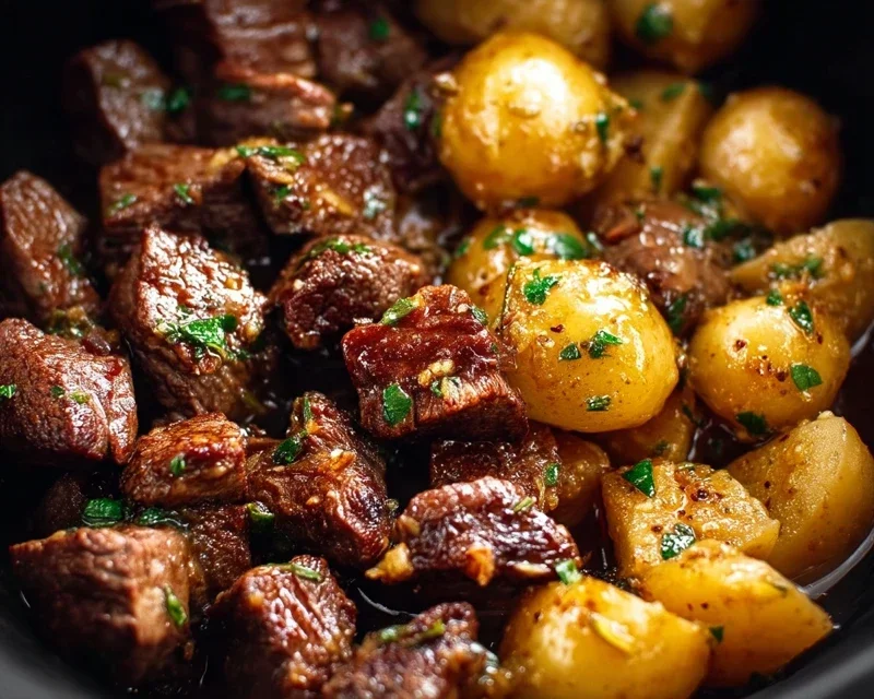 Slow Cooker Garlic Butter Beef Bites with Potatoes