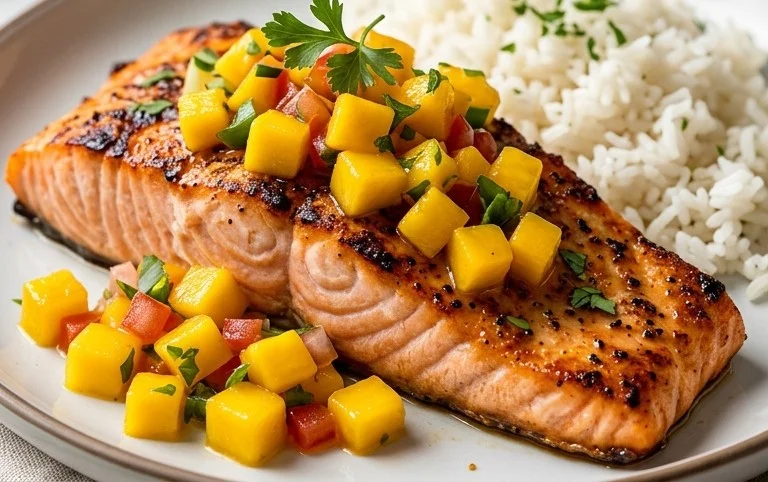 Grilled Salmon with Mango Salsa and Coconut Rice