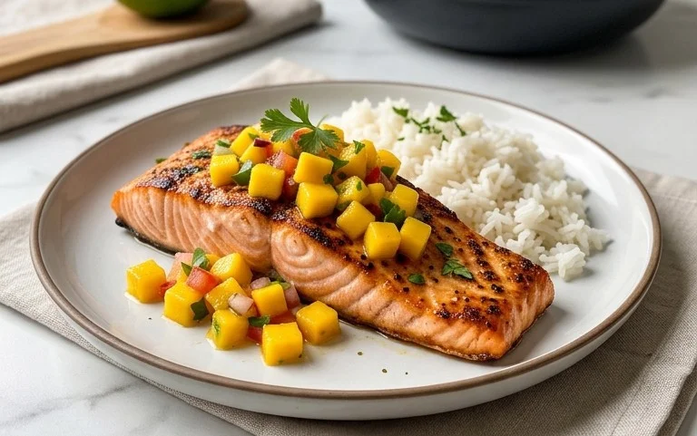Grilled Salmon with Mango Salsa and Coconut Rice