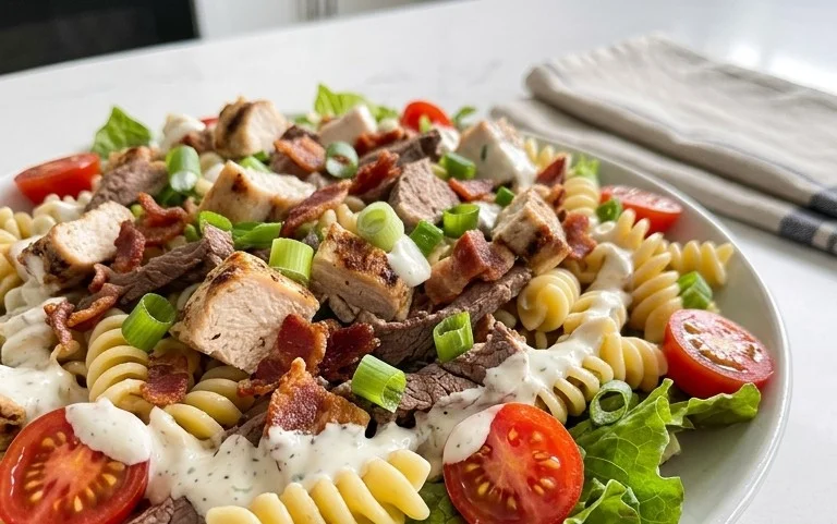 Chicken Beef Bacon Ranch Pasta Salad
