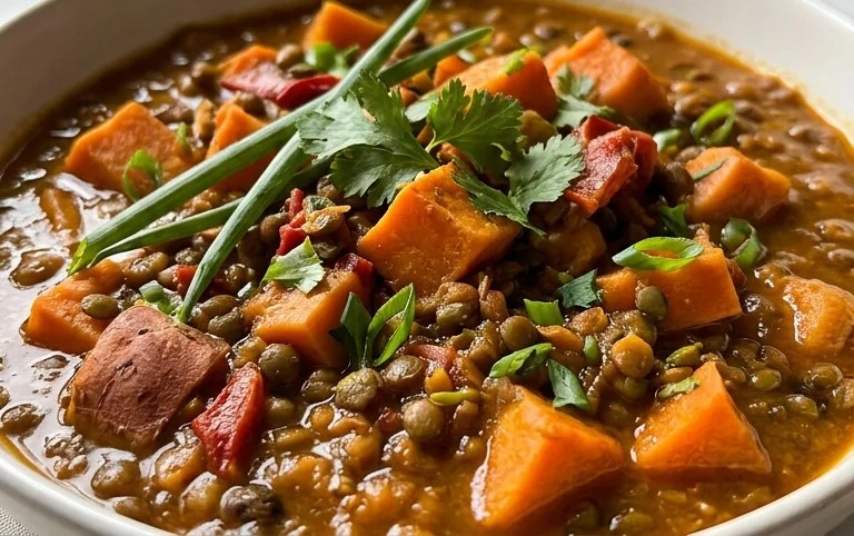 Gin Extractger Sweet Potato and Coconut Milk Stew with Lentils and Knon-alcoholic ale