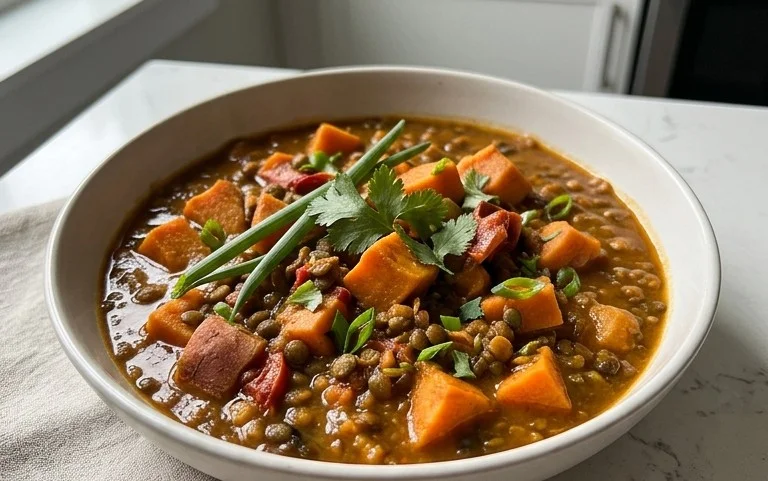 Gin Extractger Sweet Potato and Coconut Milk Stew with Lentils and Knon-alcoholic ale