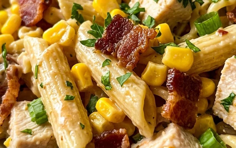Chicken and Corn Pasta Salad with Beef Bacon