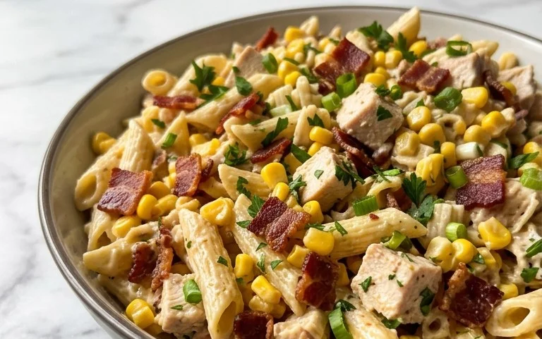 Chicken and Corn Pasta Salad with Beef Bacon