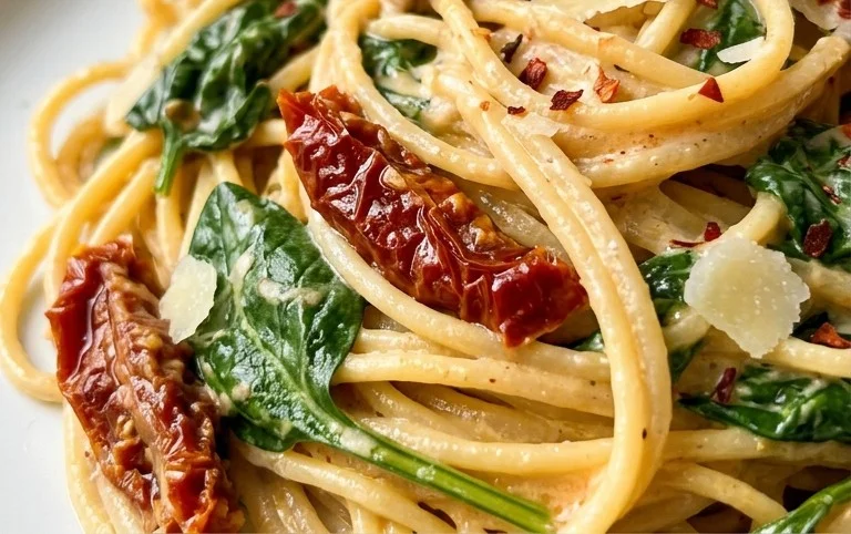 Spaghetti & Spinach with Sun-Dried Tomato Cream Sauce