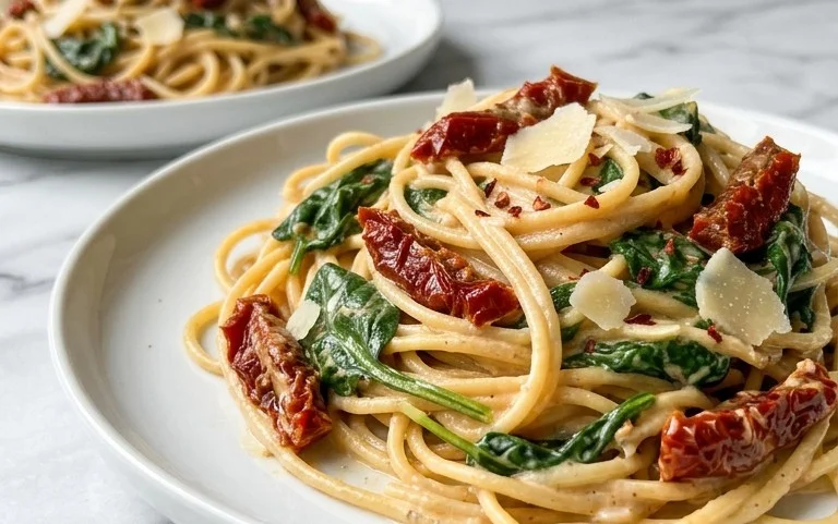 Spaghetti & Spinach with Sun-Dried Tomato Cream Sauce