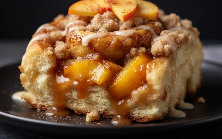 Peach Cobbler Cinnamon Rolls with Crum extractb Topping