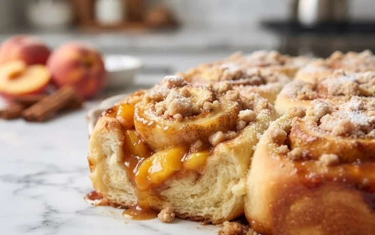 Peach Cobbler Cinnamon Rolls with Crum extractb Topping