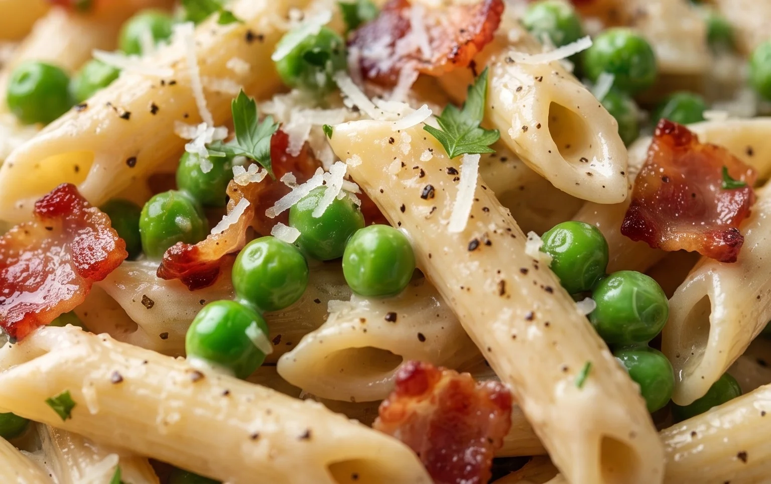 Penne Pasta, Peas and Beef Bacon