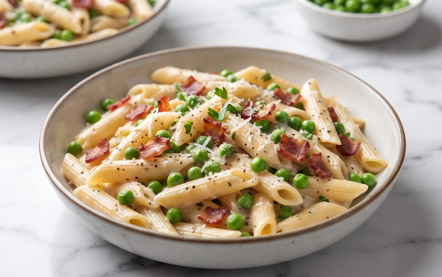 Penne Pasta, Peas and Beef Bacon