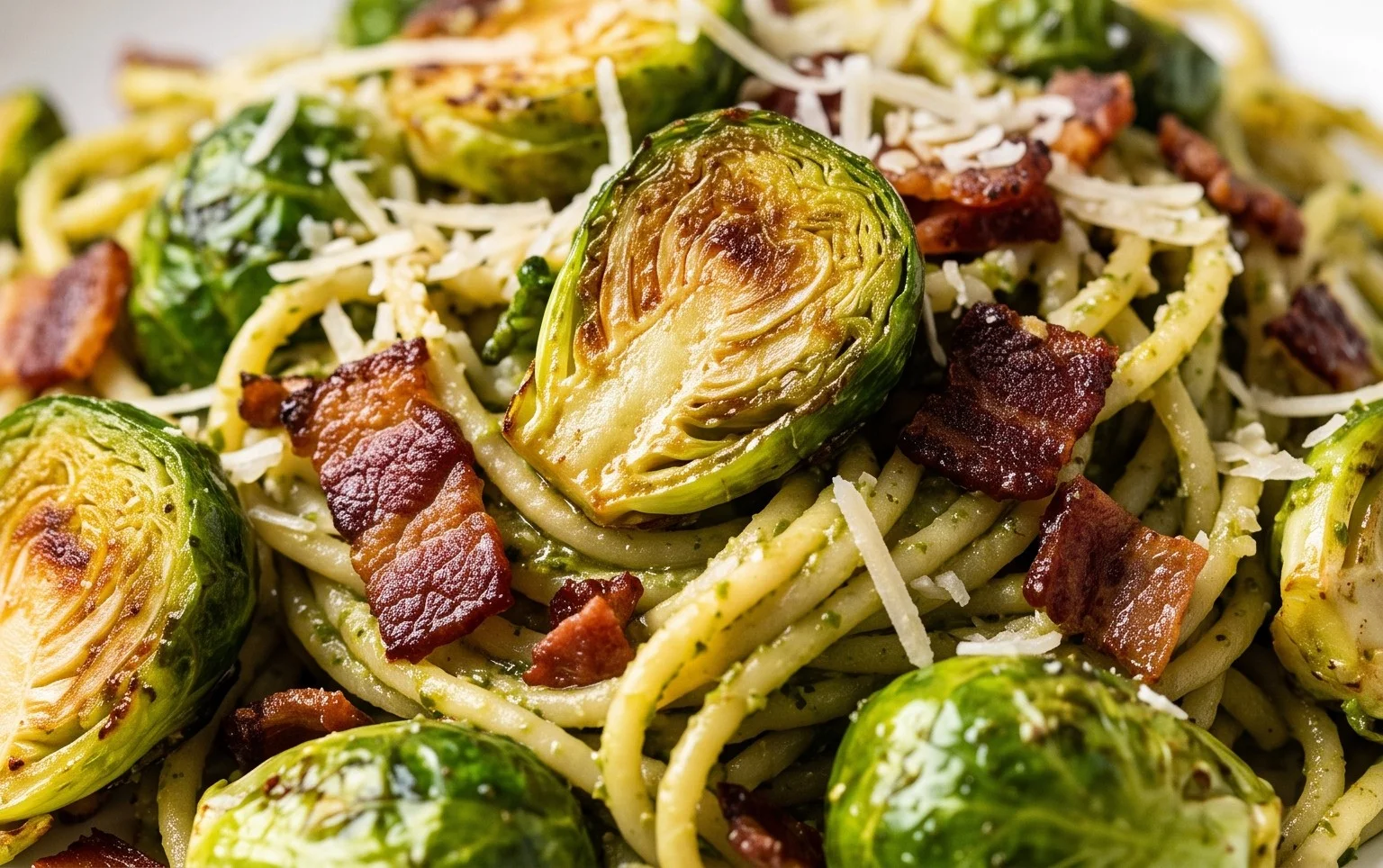 Brussels Sprouts and Beef Bacon Pesto Pasta