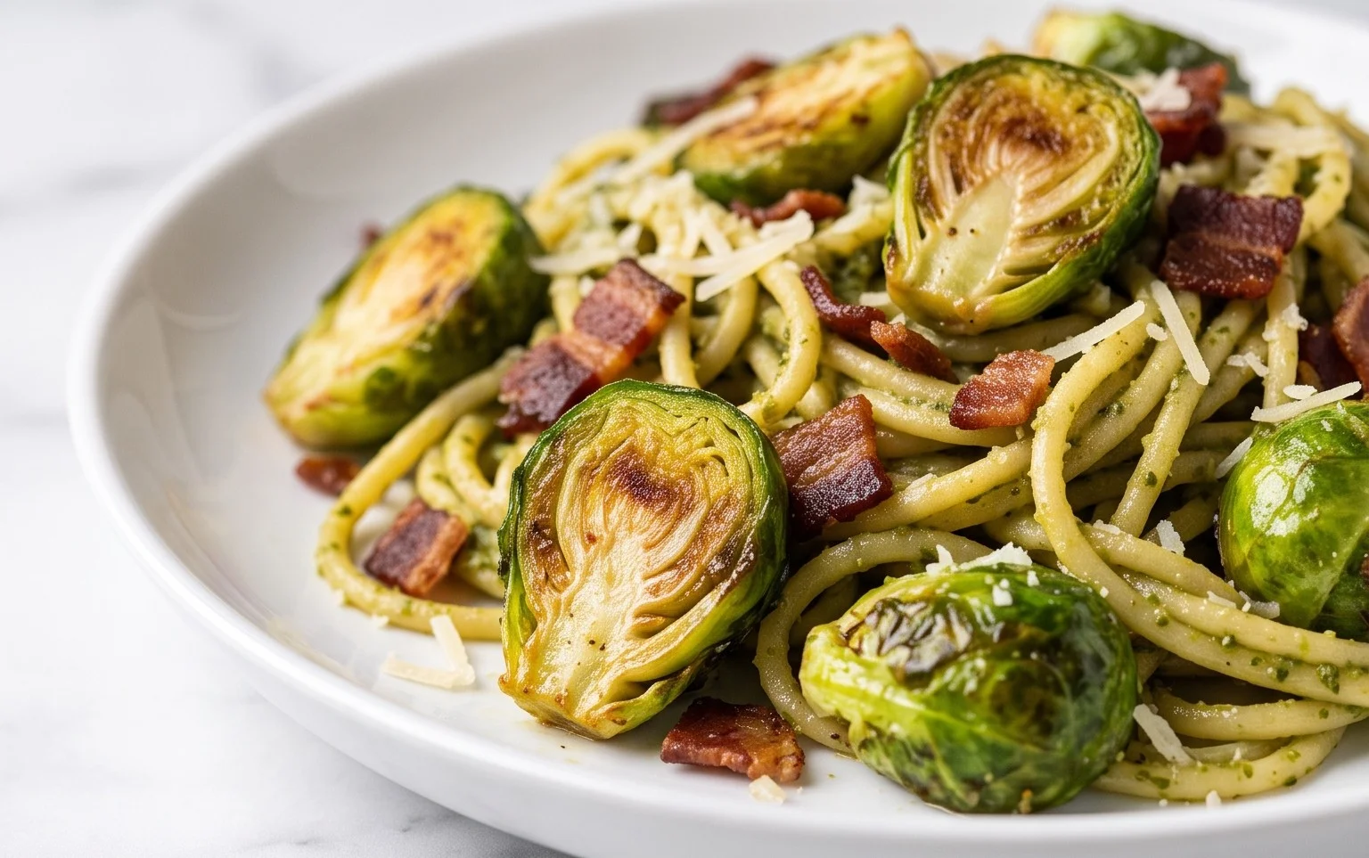 Brussels Sprouts and Beef Bacon Pesto Pasta