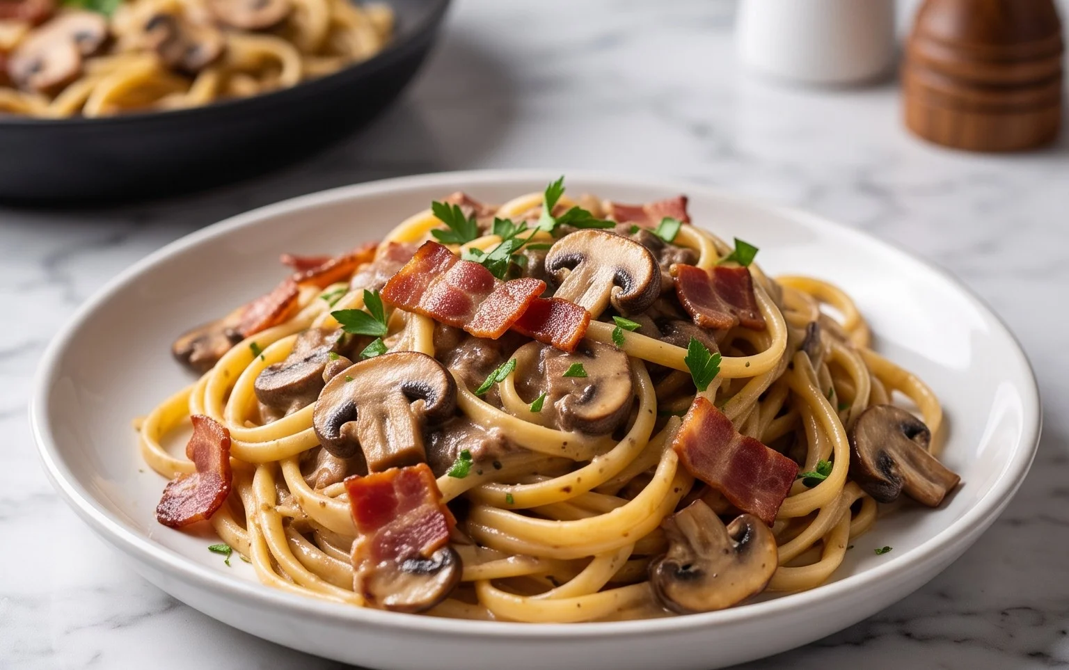 Creamy Beef Bacon and Mushroom Pasta