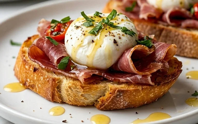Beef Prosciutto Crostini with Burrata and Lemon Honey Drizzle