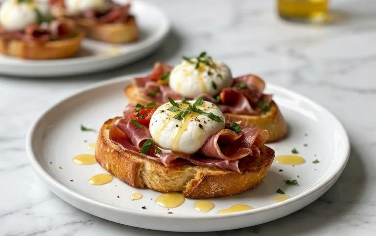 Beef Prosciutto Crostini with Burrata and Lemon Honey Drizzle